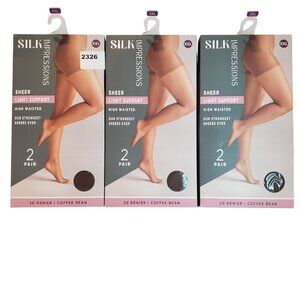 NEW 3 Packs of 2 Pair Silk Impressions SZ XXL Sheer Pantyhose Tights Coffee Bean